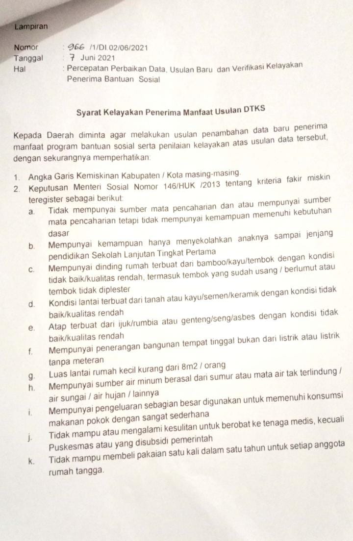 Dinas sosial kota tebing tinggiSyarat Kelayakan Penerima Manfaat Usulan DTKS