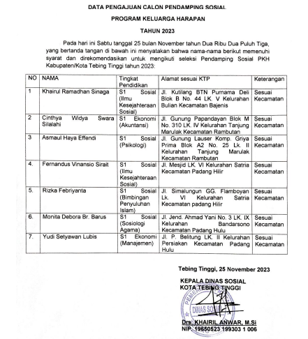Dinas sosial kota tebing tinggiPengumuman Hasil Seleksi Administrasi Calon Pendamping PKH Kota Tebing Tinggi